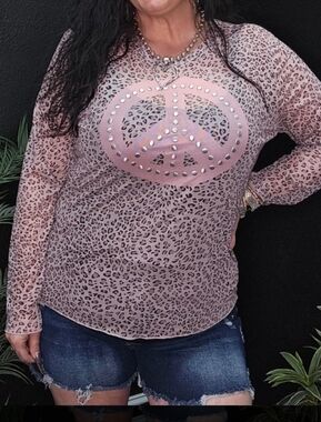 Plus Size Mesh Pink Leopard Print Long-Sleeve Top with Studded Peace Graphic